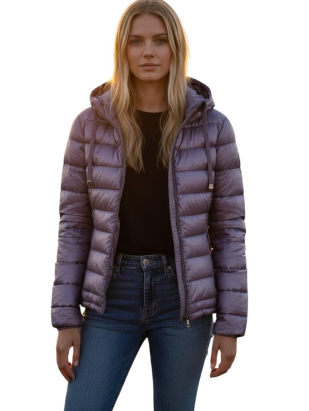 Andrew Marc Packable Down Jacket Women Gray Lavender Hooded Puffer Zip Pockets